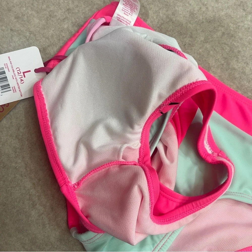 Justice Pink Blue Ringpop Bazooka Gum 2 Piece Swimsuit Girls size L(12/14) New
